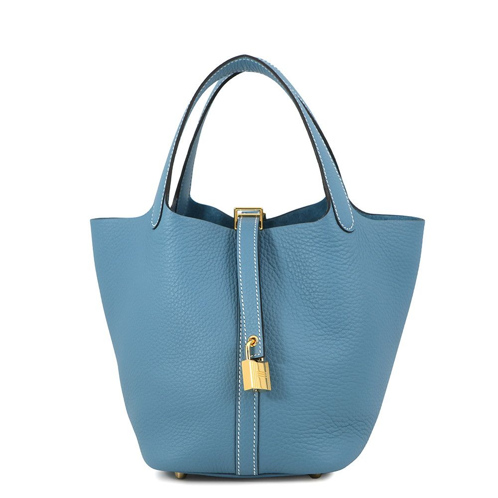 Hermes Handbag Picotin Lock PM New Blue Jean Gold Taurillon Clemence Tote