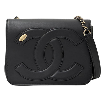 Chanel CC Logo Shoulder Bag Leather Black Gold Chain Small