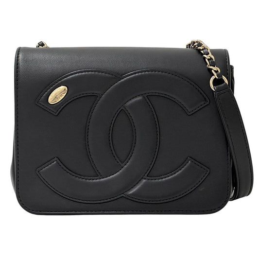Chanel CC Logo Shoulder Bag Leather Black Gold Chain Small