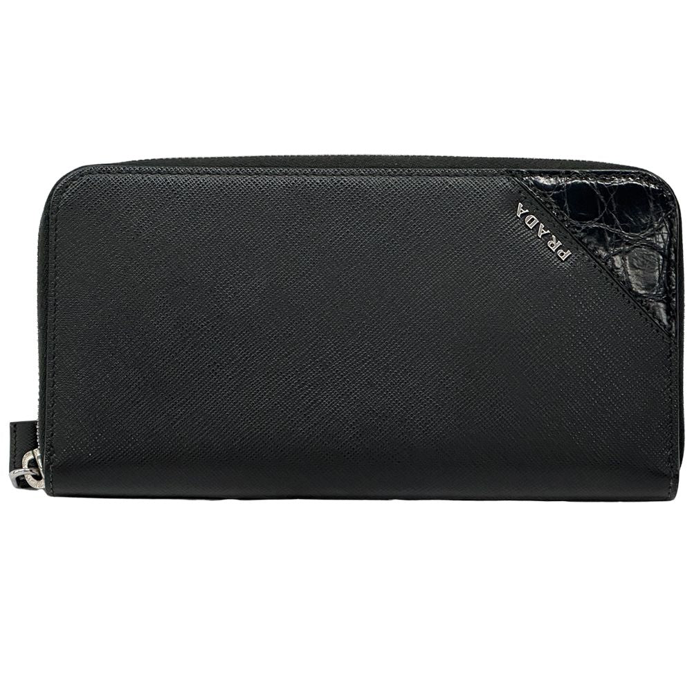 Prada Wallet Saffiano Black Zip Around Logo Simple