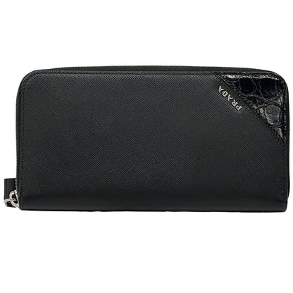 Prada Wallet Saffiano Black Zip Around Logo Simple