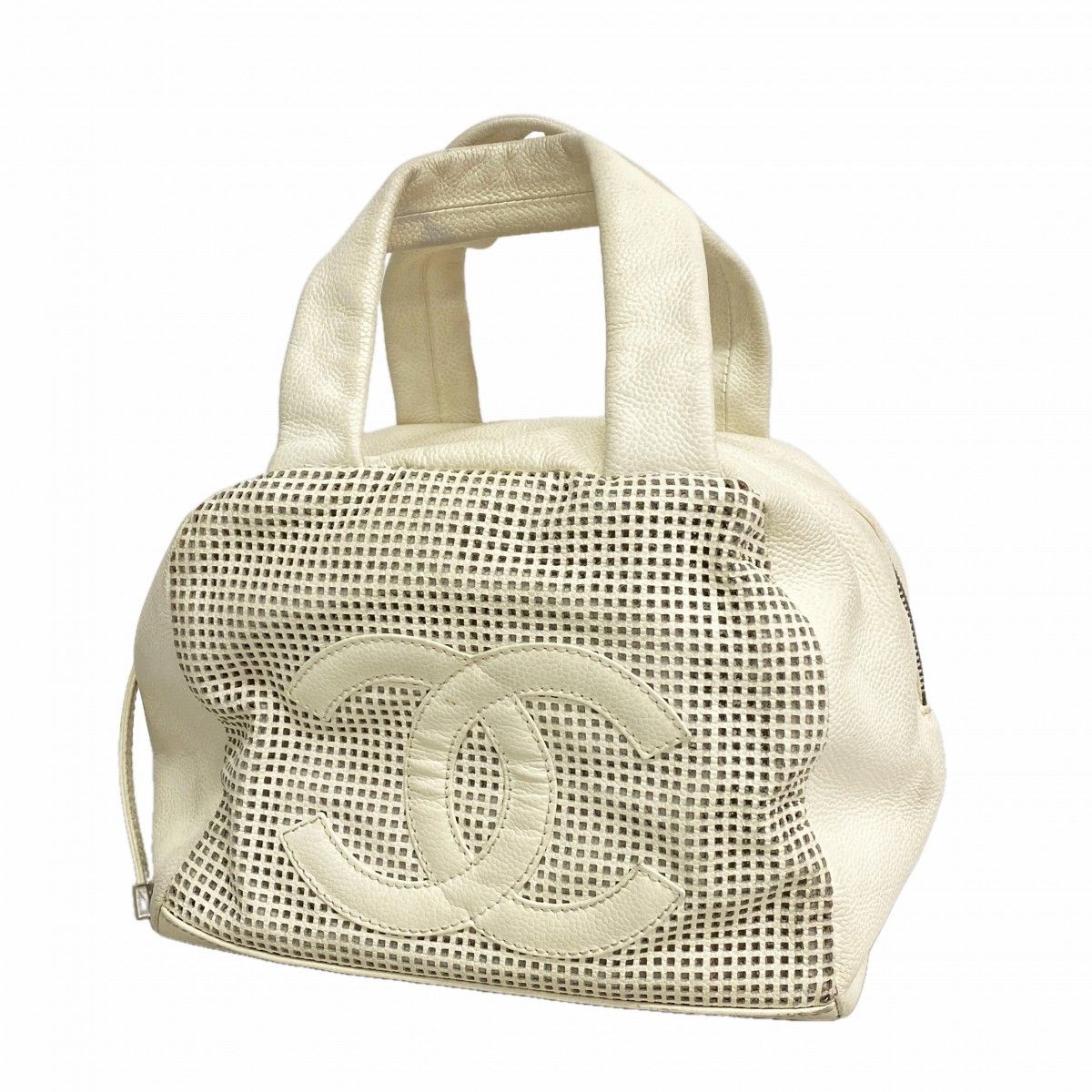 Chanel Handbag Caviar Leather White Silver