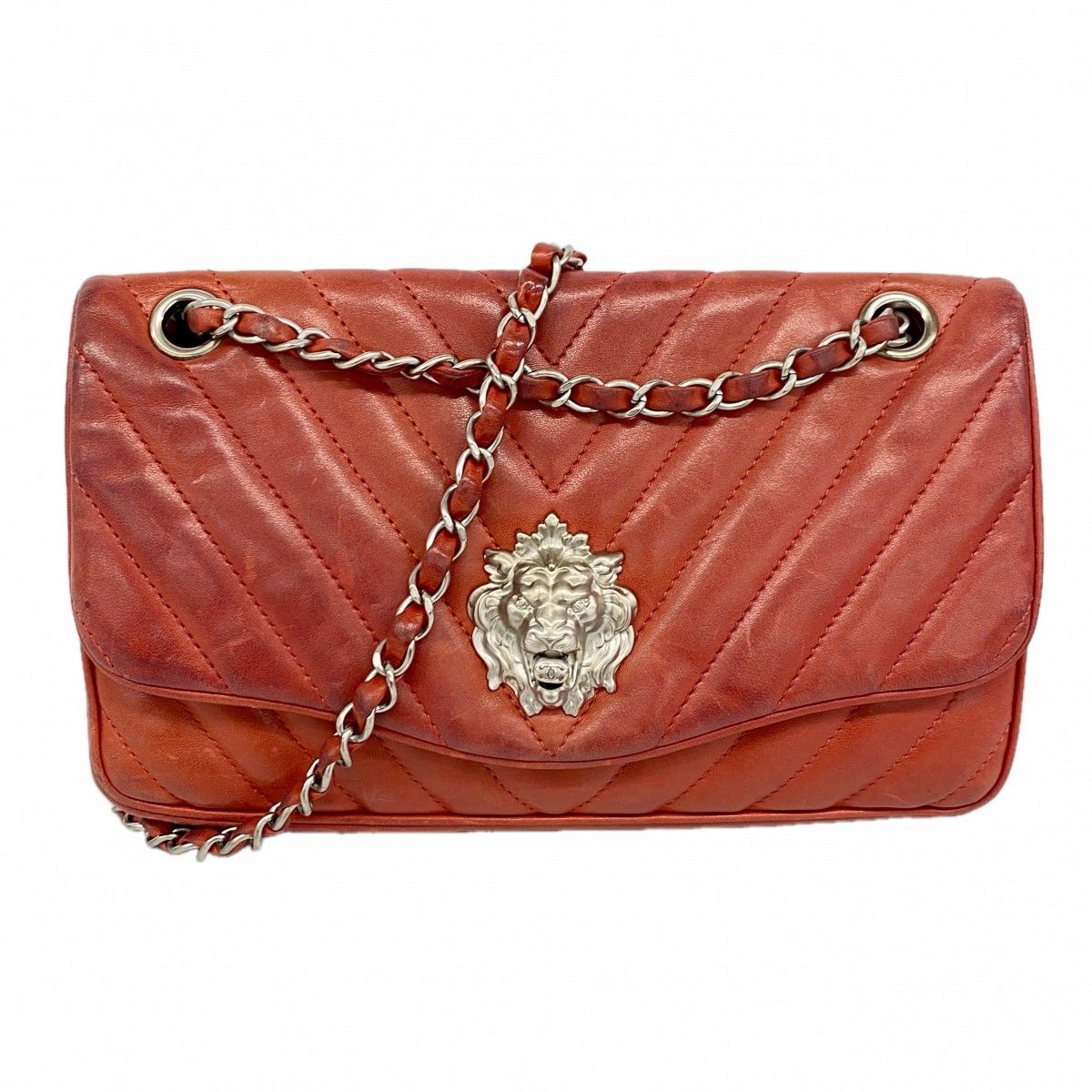 Chanel Shoulder Bag Chez Blanc Lion Lambskin Red Silver