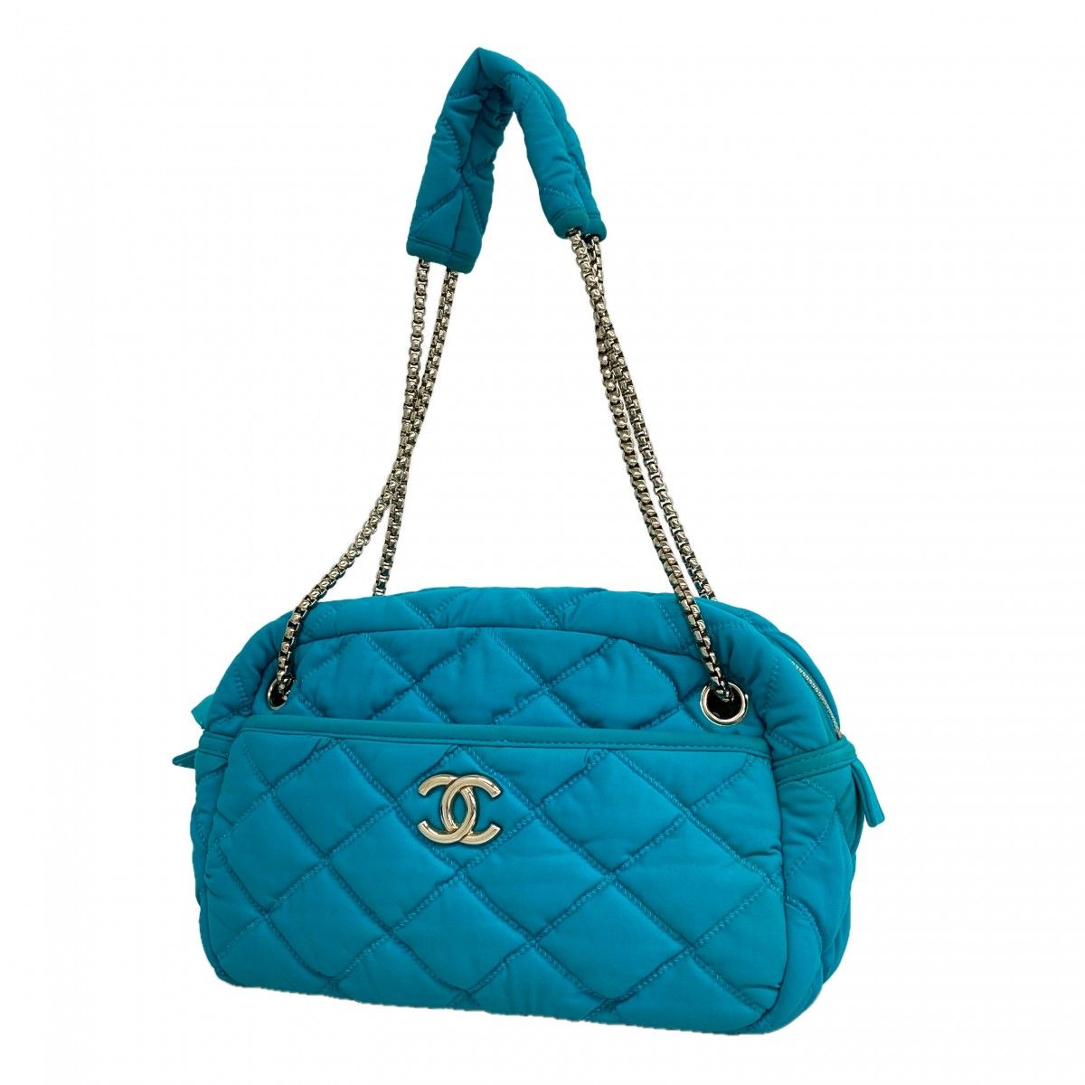 Chanel Shoulder Bag Quilted Nylon Light Blue Silver