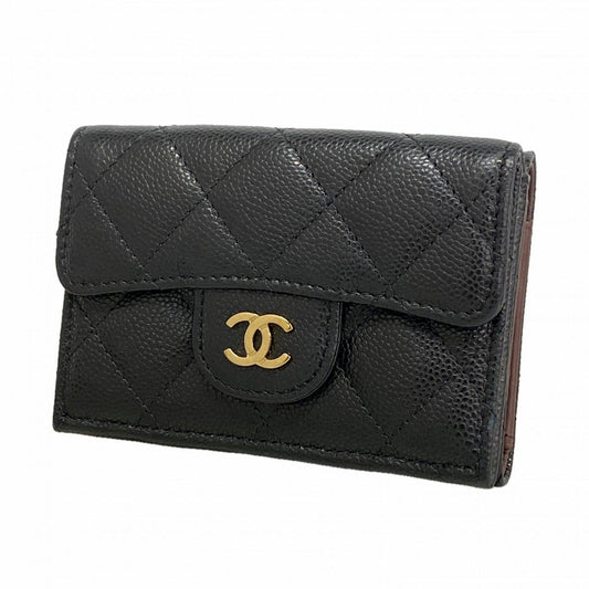 Chanel Trifold Wallet Quilted Caviar Leather Black Champagne Gold