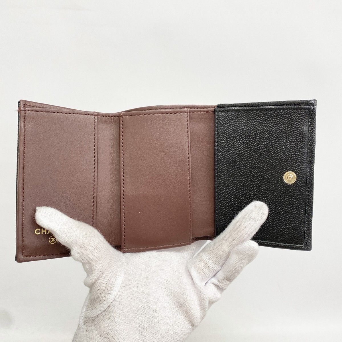 Chanel Trifold Wallet Quilted Caviar Leather Black Champagne Gold — view 3