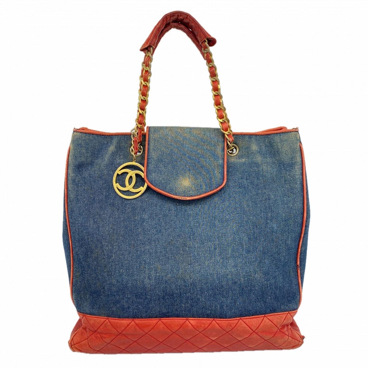 Chanel Chain Tote Quilted Lambskin Denim Blue Red Gold