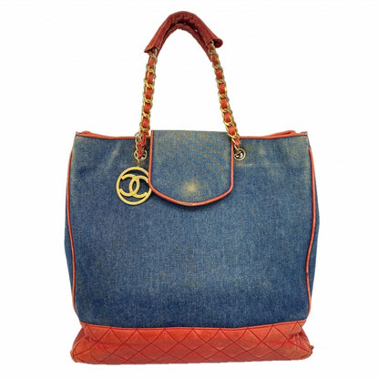 Chanel Chain Tote Quilted Lambskin Denim Blue Red Gold