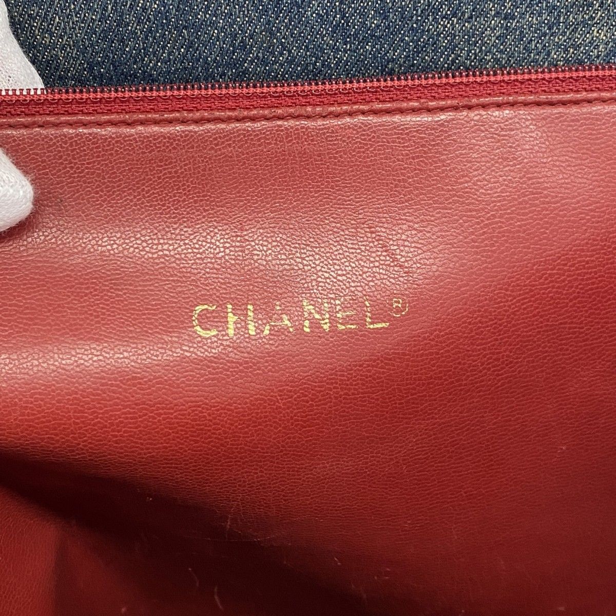 Chanel Chain Tote Quilted Lambskin Denim Blue Red Gold — view 5