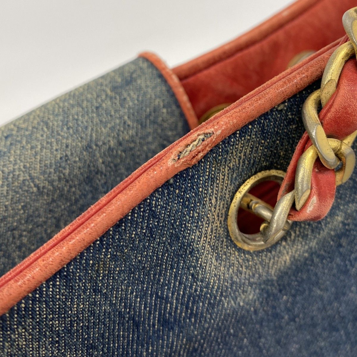 Chanel Chain Tote Quilted Lambskin Denim Blue Red Gold — view 8