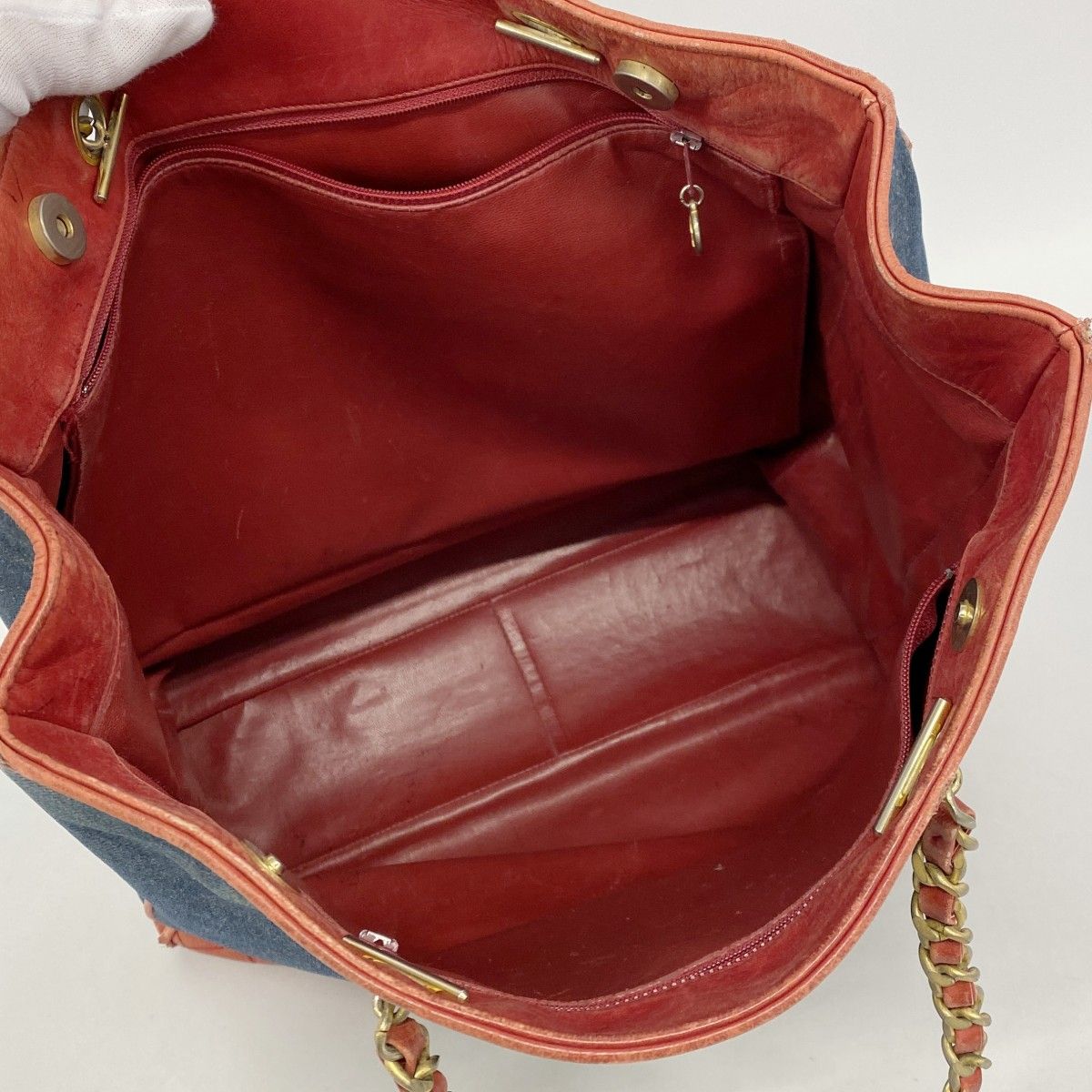 Chanel Chain Tote Quilted Lambskin Denim Blue Red Gold — view 4