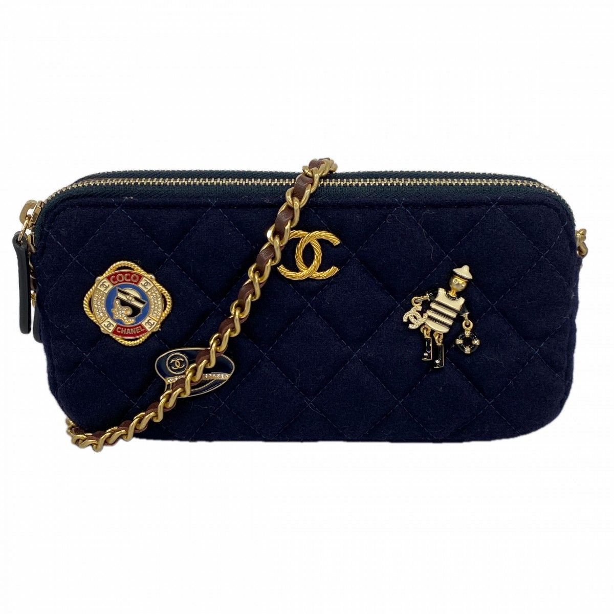 Chanel Shoulder Bag Marine Cotton Navy Gold