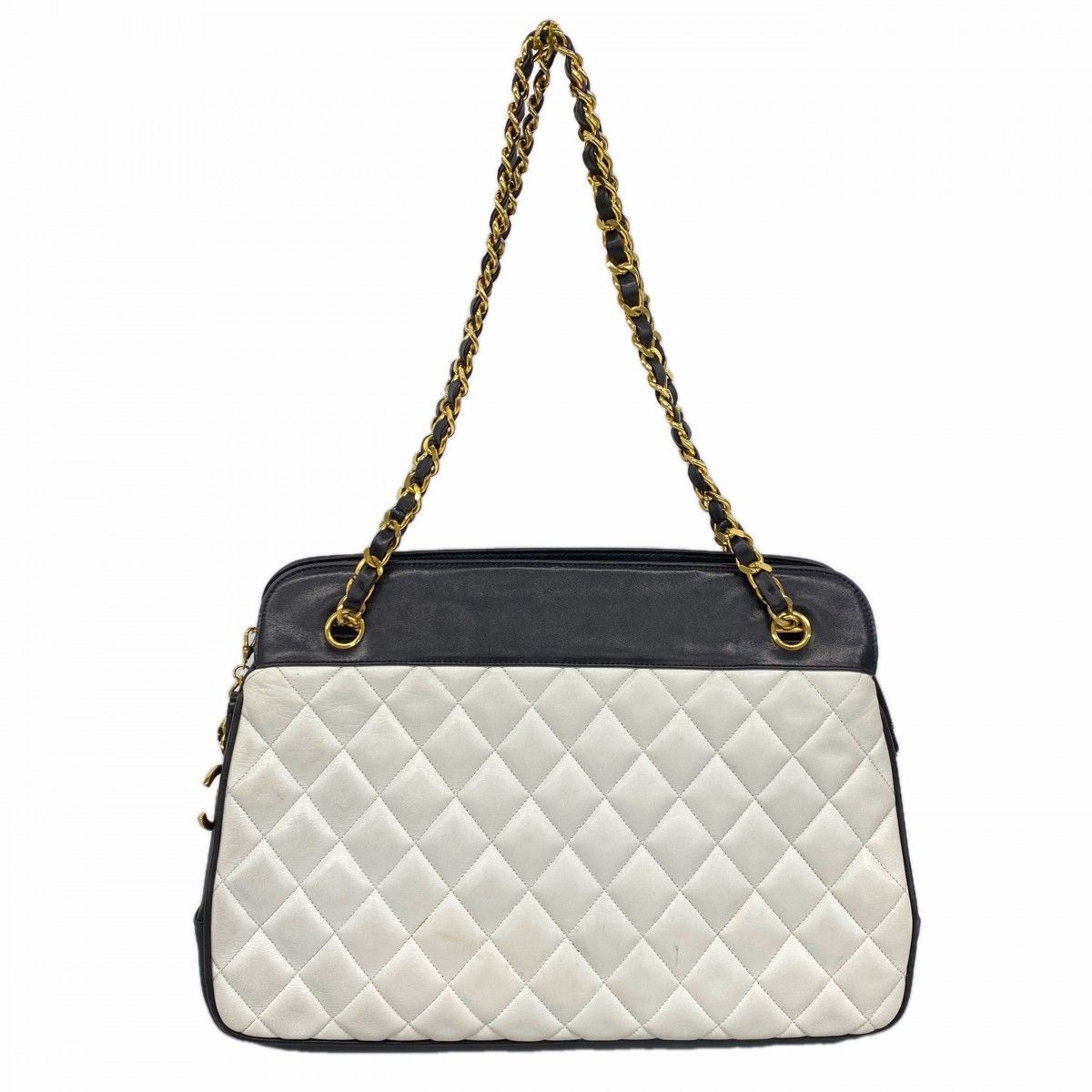 Chanel Shoulder Bag Quilted Lambskin White Black Gold