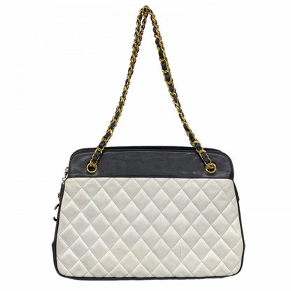 Chanel Shoulder Bag Quilted Lambskin White Black Gold
