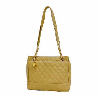Chanel Chain Tote Quilted Caviar Leather Light Brown Gold