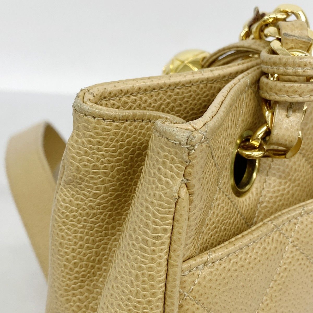 Chanel Chain Tote Quilted Caviar Leather Light Brown Gold — view 7