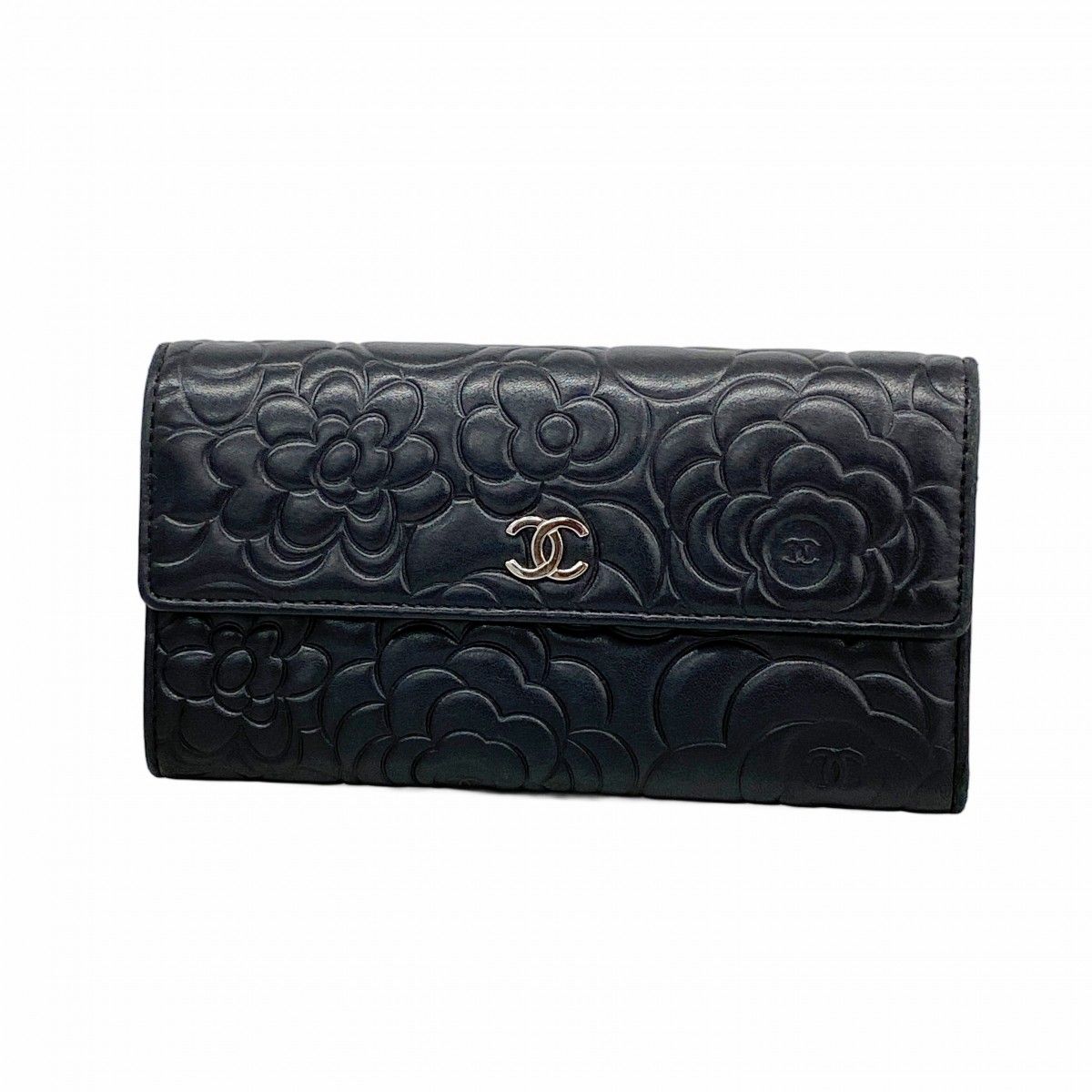 Chanel Wallet Camellia Lambskin Black Silver