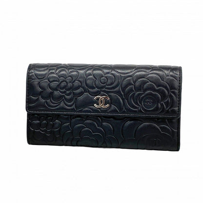 Chanel Wallet Camellia Lambskin Black Silver