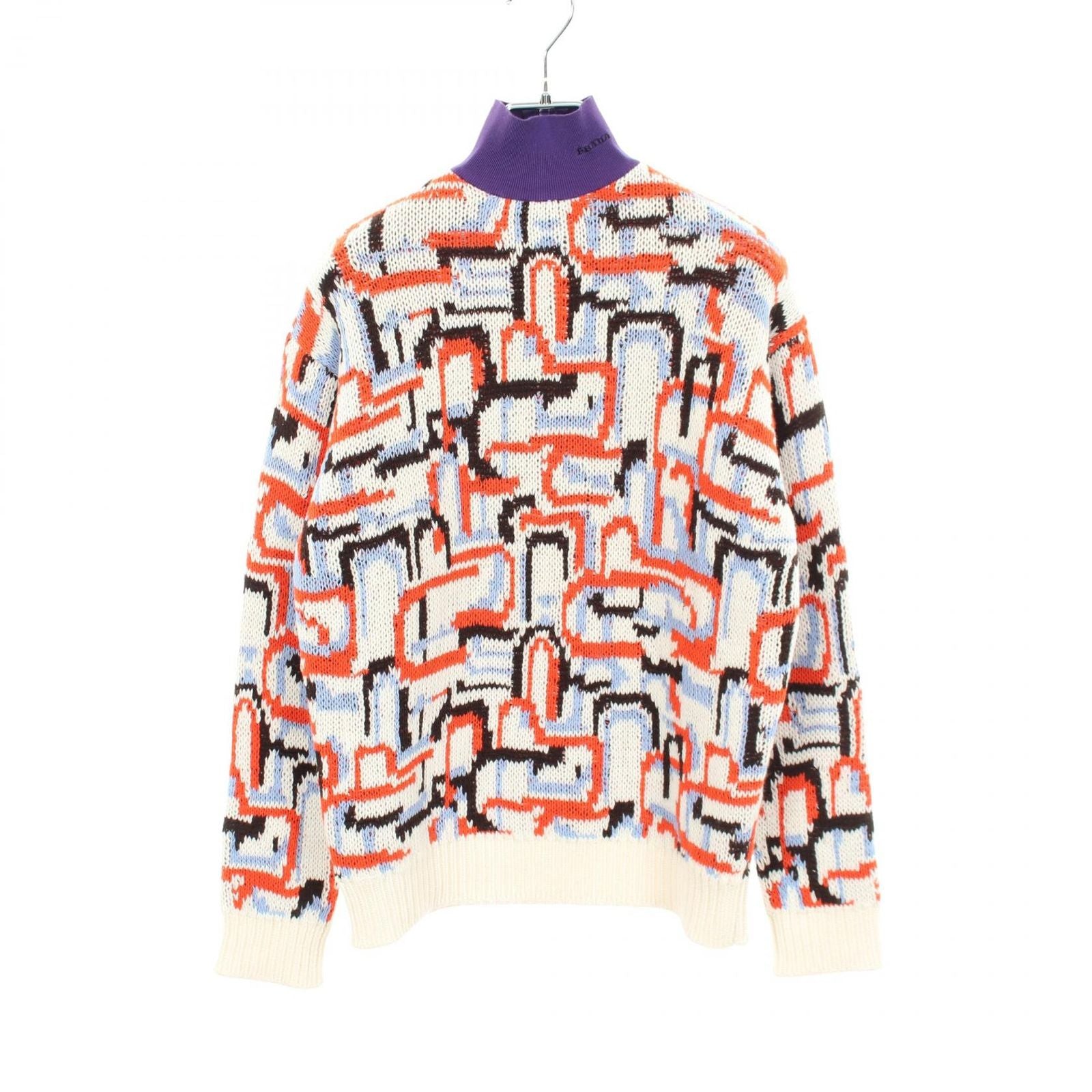 Prada Knit Geometric Motif Mock Neck White Orange Blue Wool Cashmere Abstract
