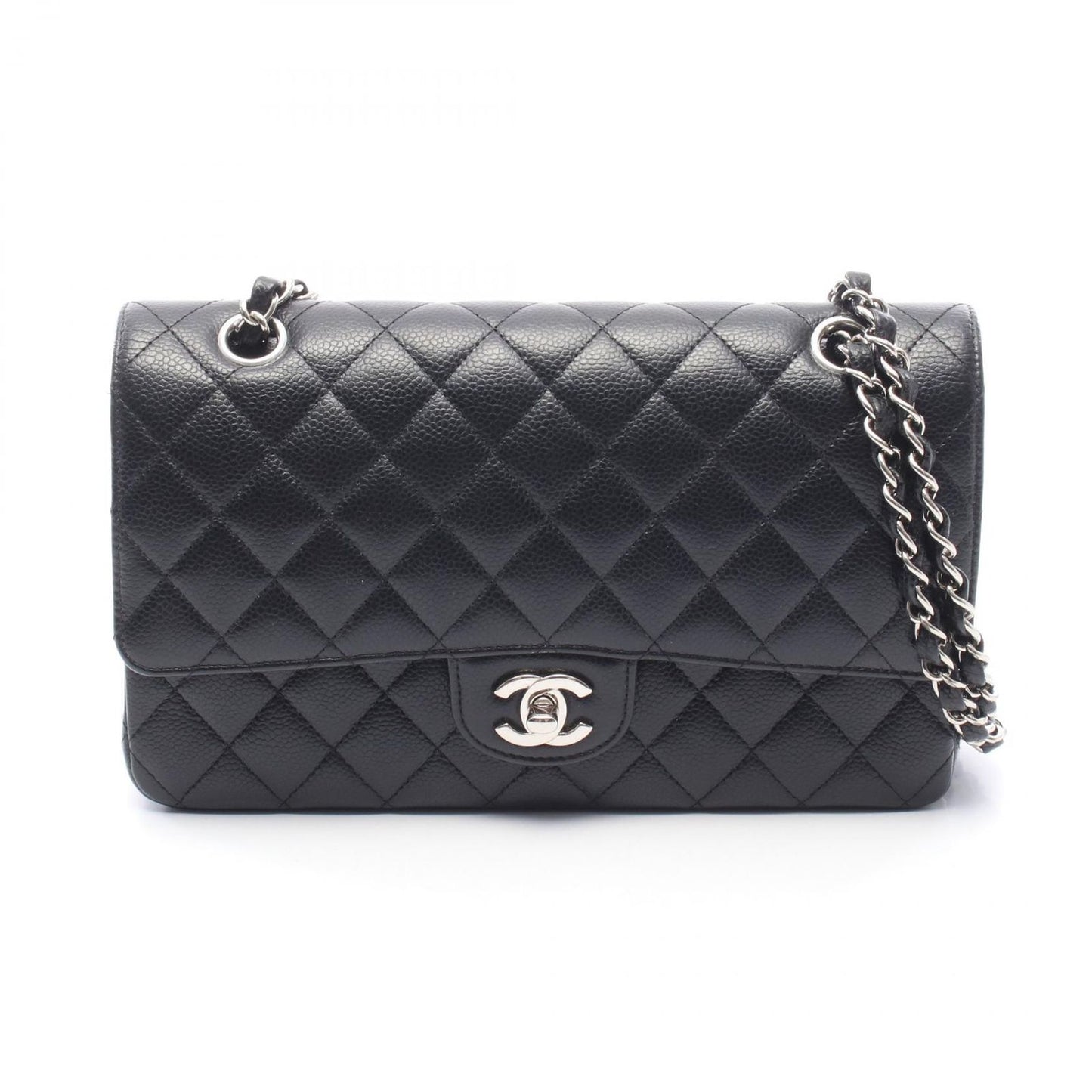 Chanel Shoulder Bag Quilted Double Flap Black Caviar Leather Chain