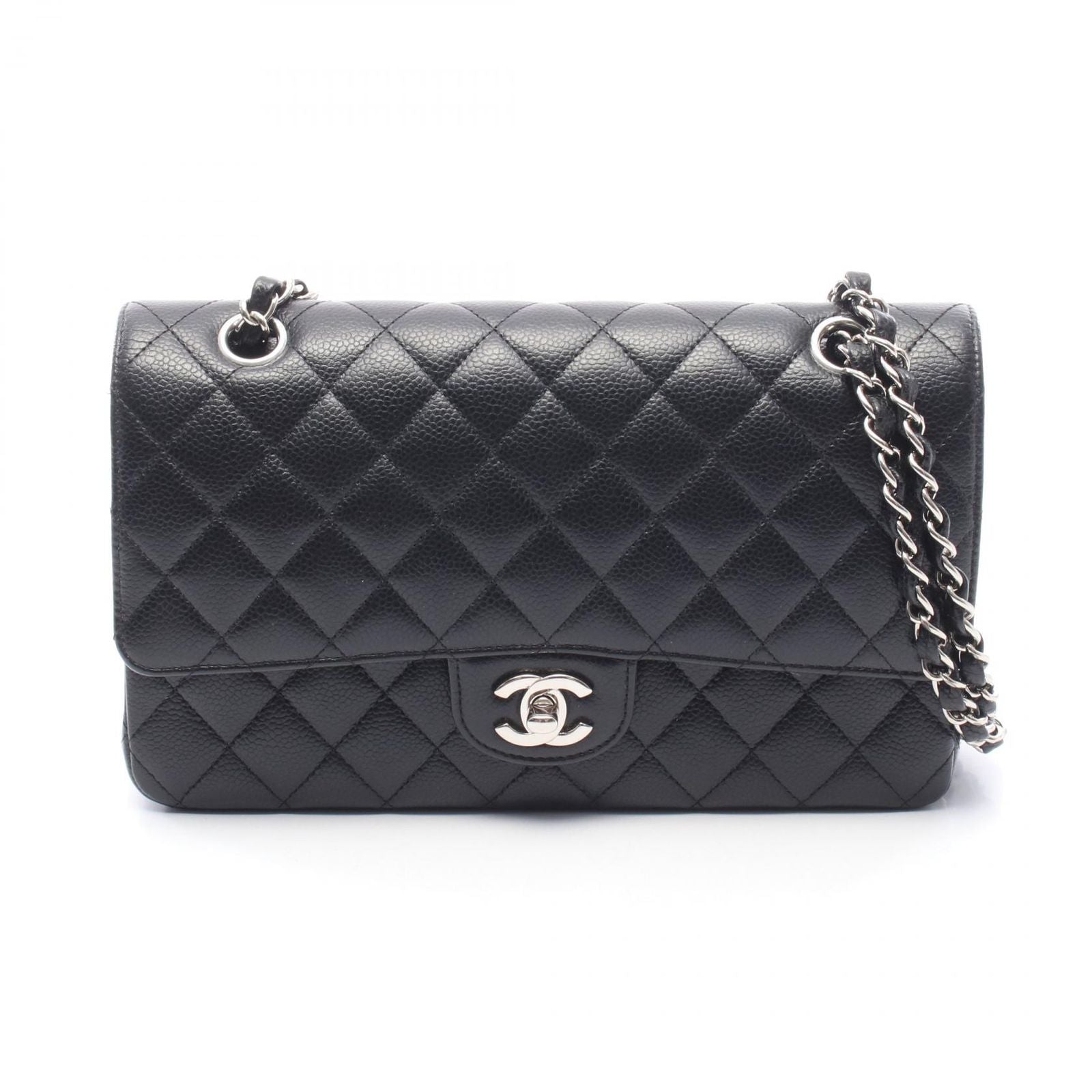 Chanel Shoulder Bag Quilted Double Flap Black Caviar Leather Chain