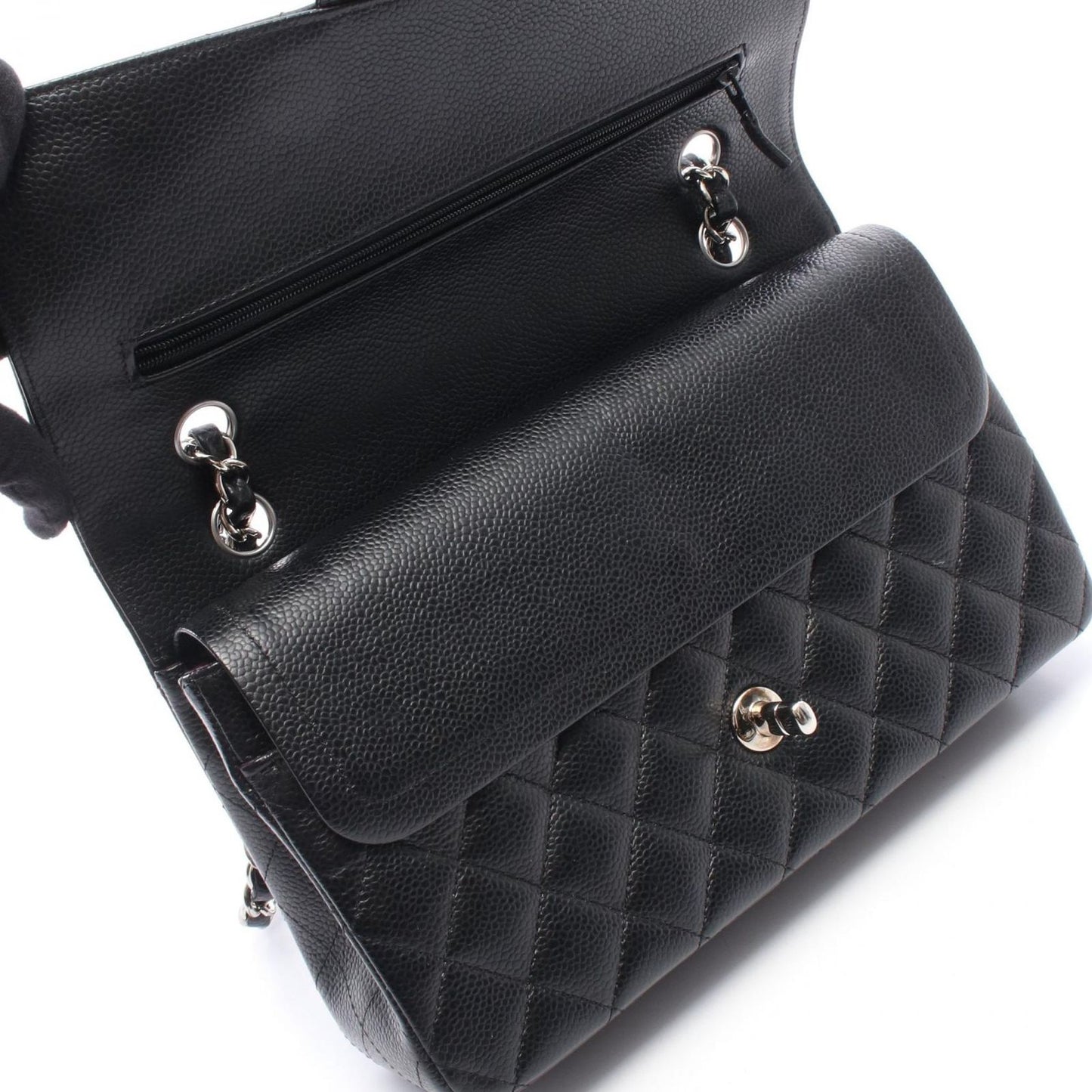 Chanel Shoulder Bag Quilted Double Flap Black Caviar Leather Chain — view 8