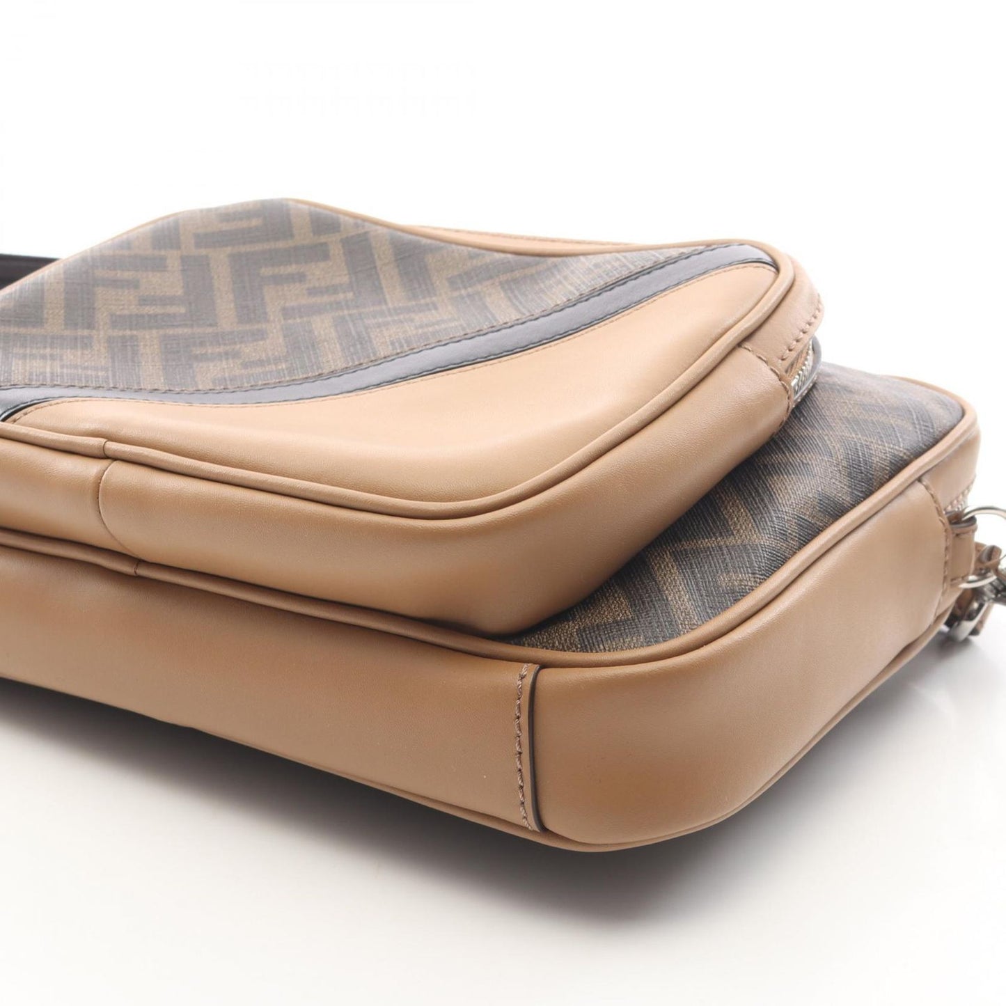 Fendi Shoulder Bag Shadow Diagonal Duo Zucca Dark Brown Beige Canvas Leather — view 6