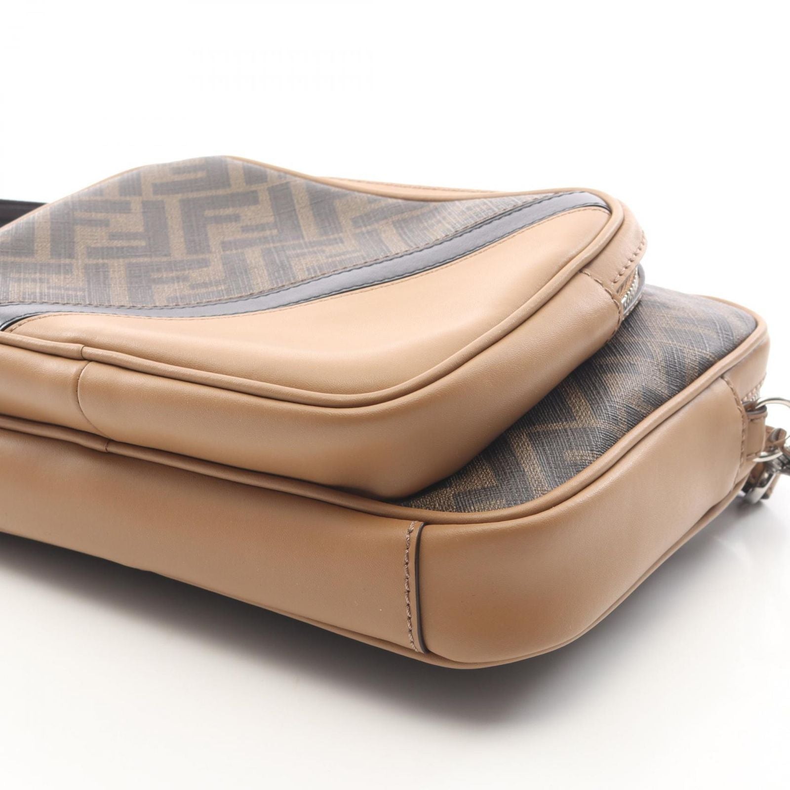 Fendi Shoulder Bag Shadow Diagonal Duo Zucca Dark Brown Beige Canvas Leather — view 6