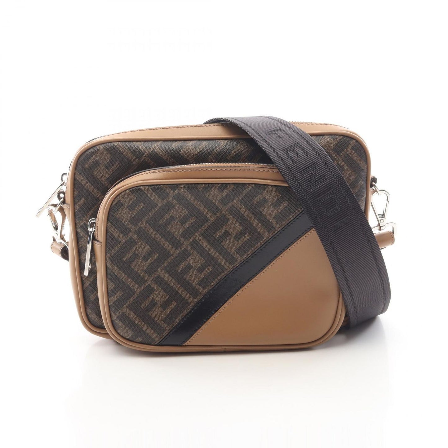 Fendi Shoulder Bag Shadow Diagonal Duo Zucca Dark Brown Beige Canvas Leather