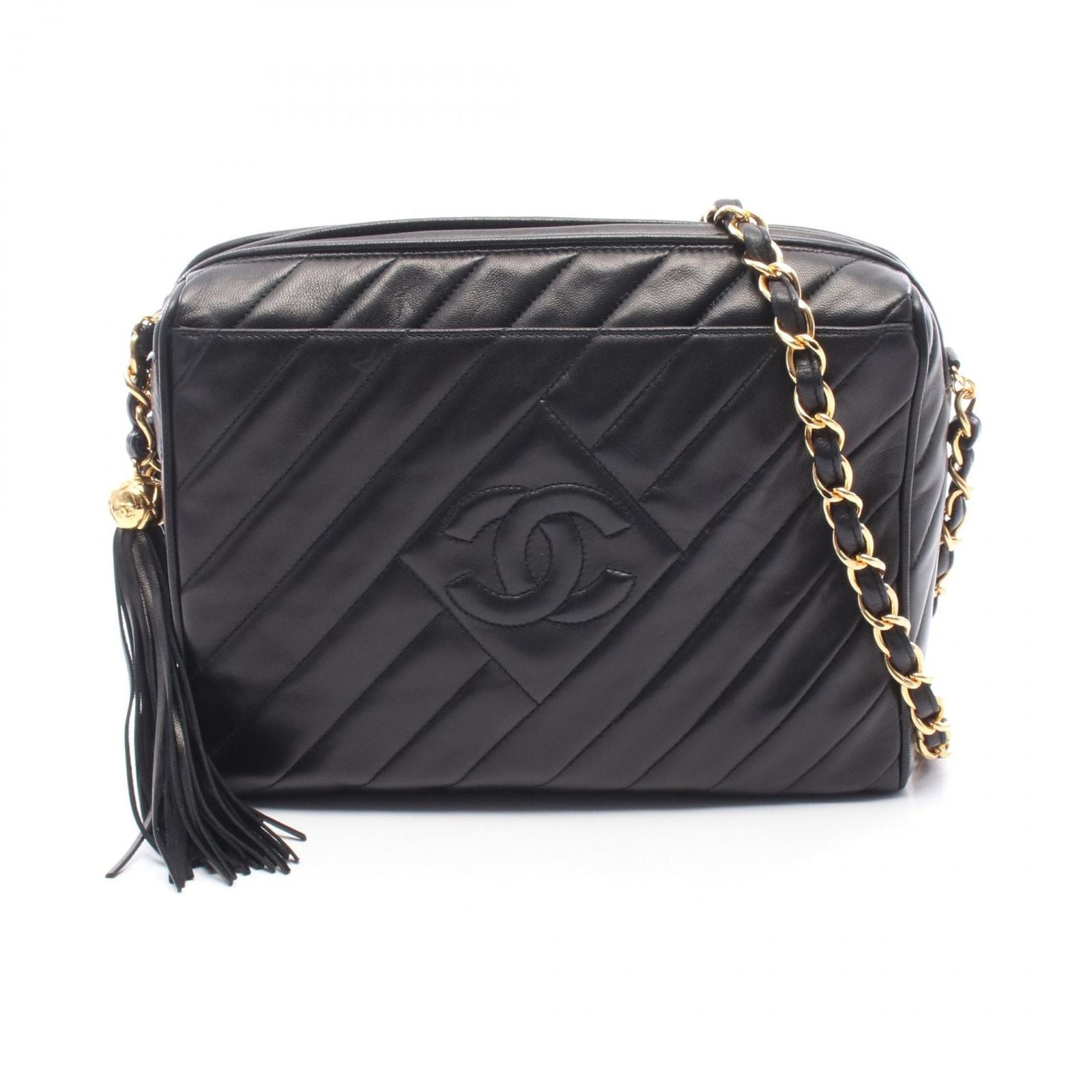 Chanel Shoulder Bag CC Logo Bias Stitch Tassel Black Lambskin Fringe Chain