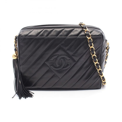 Chanel Shoulder Bag CC Logo Bias Stitch Tassel Black Lambskin Fringe Chain