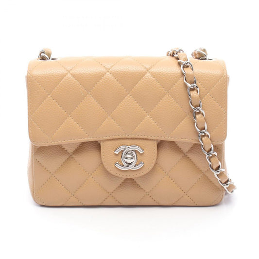 Chanel Shoulder Bag Mini Quilted Beige Caviar Leather Chain