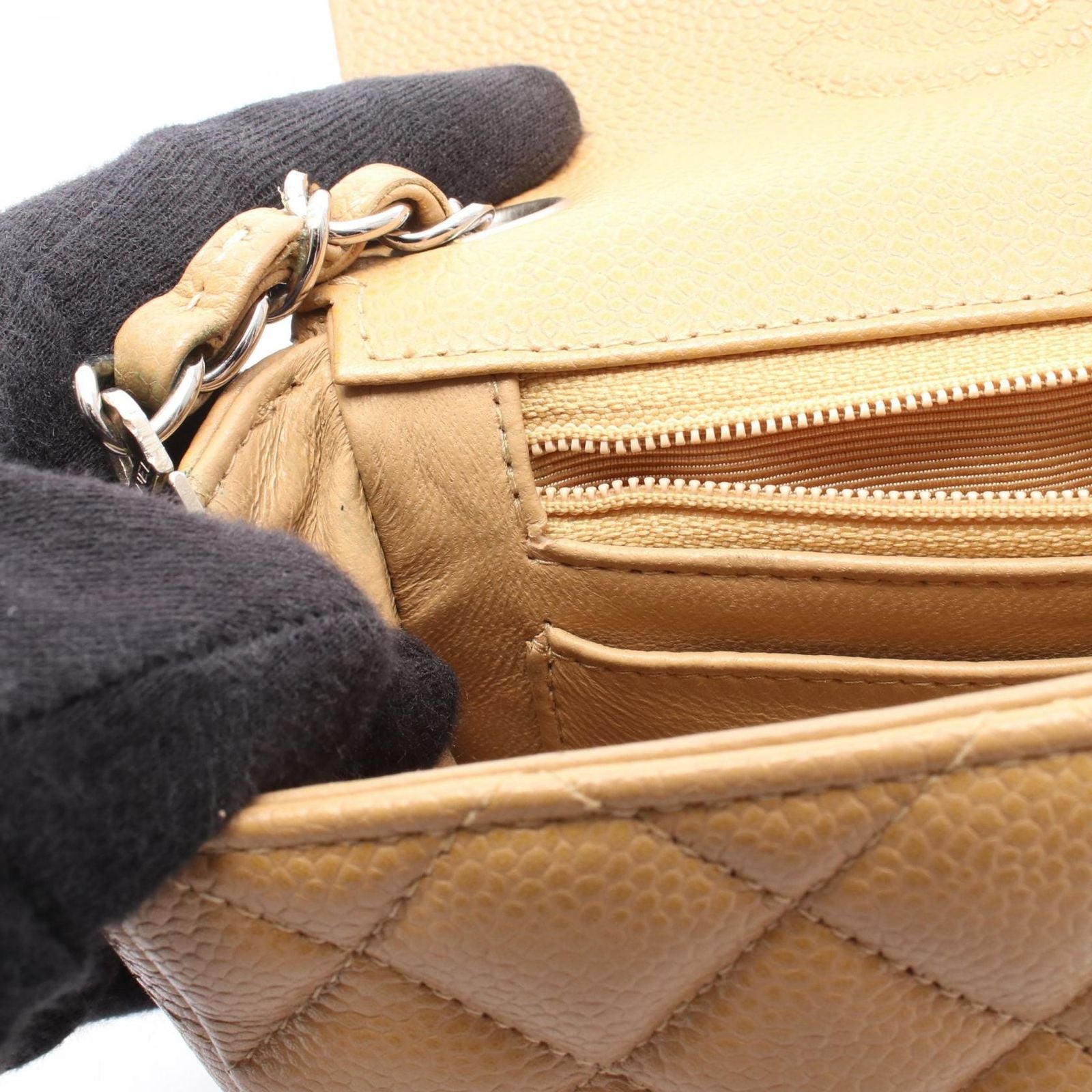 Chanel Shoulder Bag Mini Quilted Beige Caviar Leather Chain — view 7