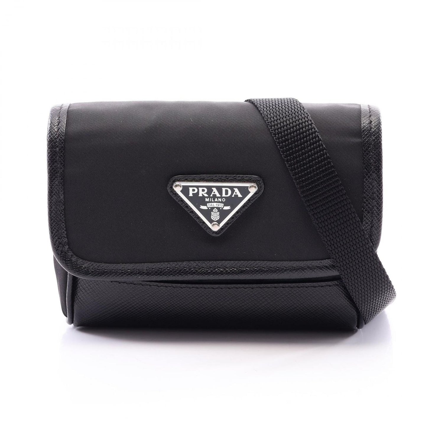 Prada Shoulder Bag Triangle Logo Black Nylon Saffiano Leather Pochette