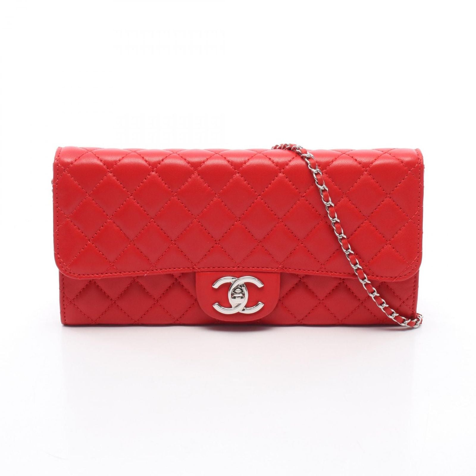 Chanel Shoulder Bag Quilted Red Lambskin Chain Wallet