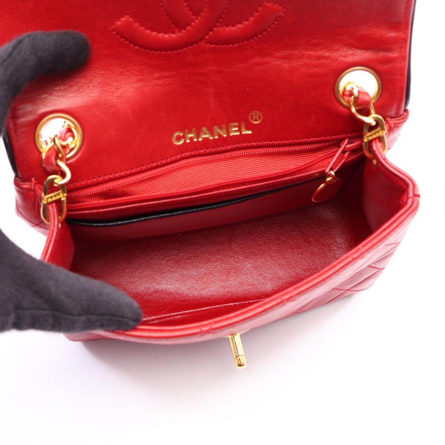 Chanel Shoulder Bag Mini Quilted Red Lambskin Chain — view 3