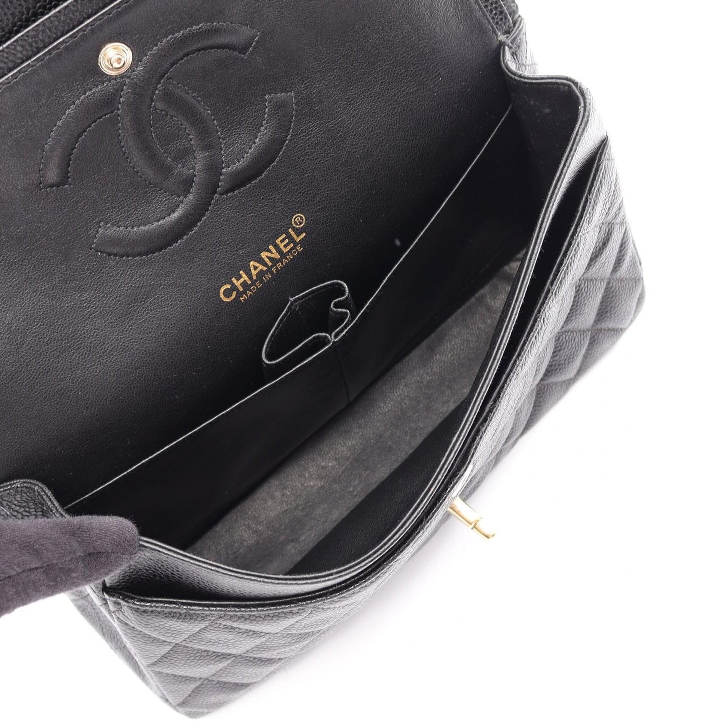 Chanel Shoulder Bag Quilted Double Flap Black Caviar Leather Chain — view 3