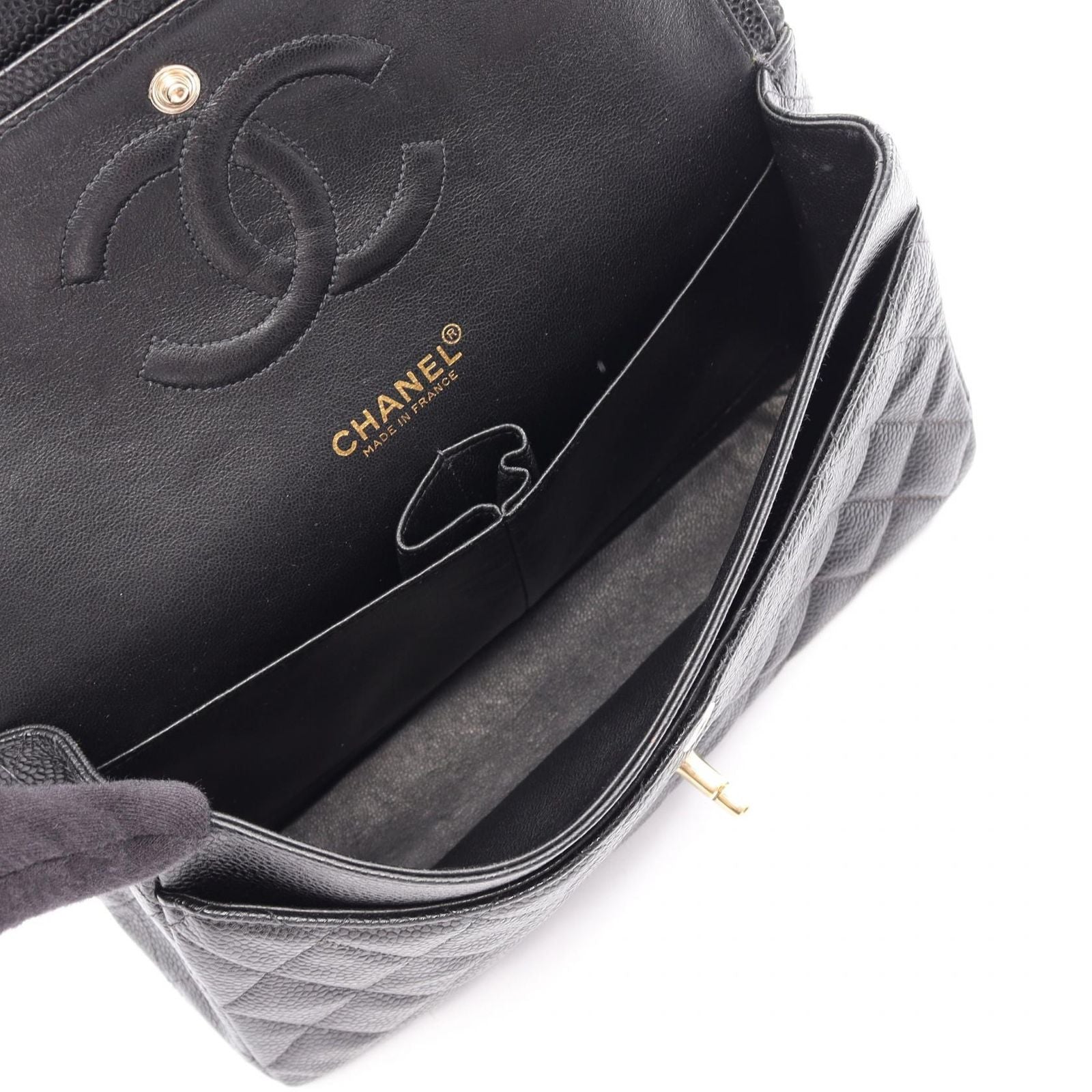 Chanel Shoulder Bag Quilted Double Flap Black Caviar Leather Chain — view 3