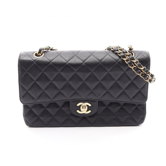 Chanel Shoulder Bag Quilted Double Flap Black Caviar Leather Chain