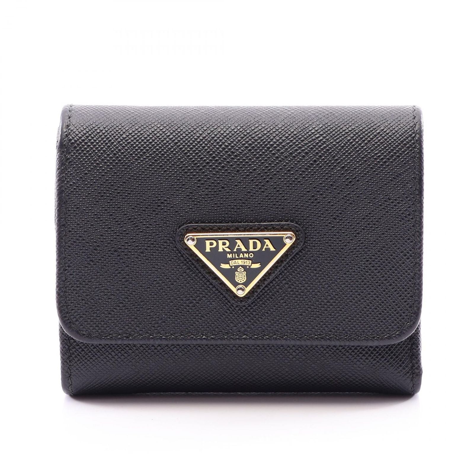 Prada Trifold Wallet Saffiano Triangle Black Leather Logo