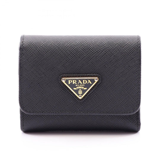 Prada Trifold Wallet Saffiano Triangle Black Leather Logo