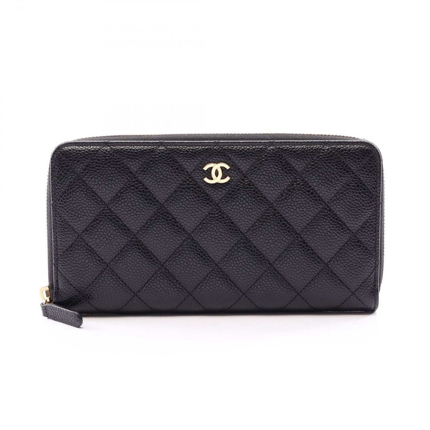 Chanel Round Wallet Classic Long Zip Quilted Black Caviar Leather