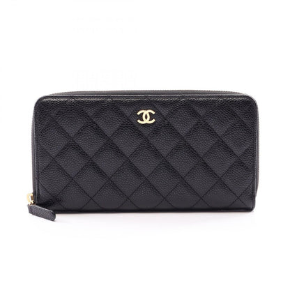 Chanel Round Wallet Classic Long Zip Quilted Black Caviar Leather