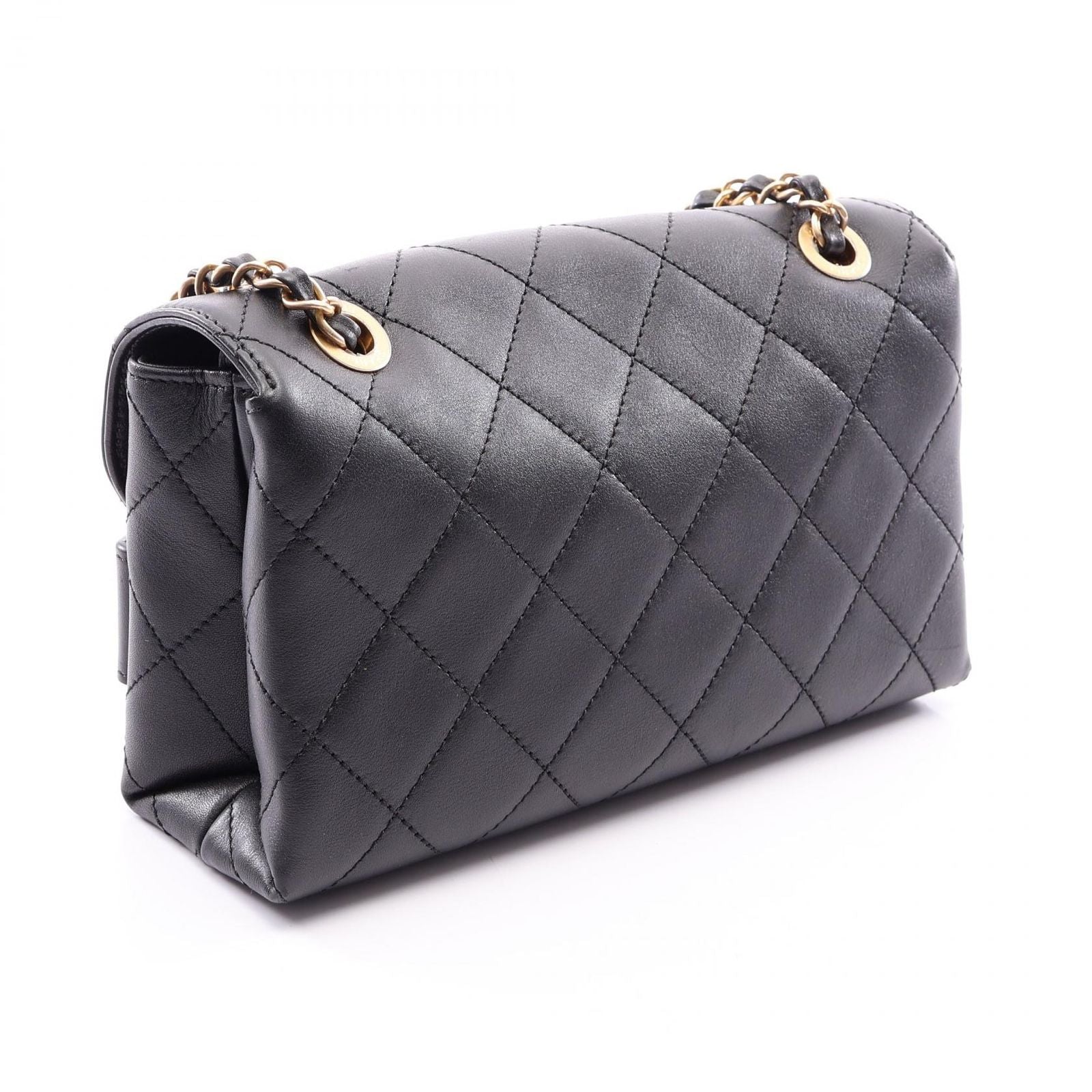 Chanel Shoulder Bag Quilted Logo Black Lambskin Chain — view 2
