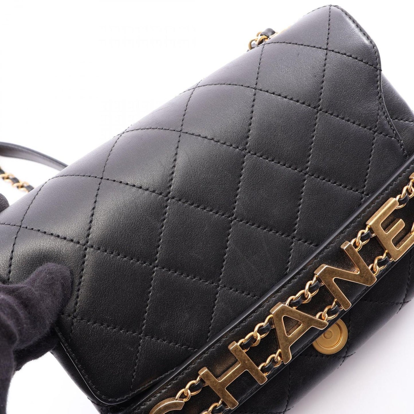 Chanel Shoulder Bag Quilted Logo Black Lambskin Chain — view 9