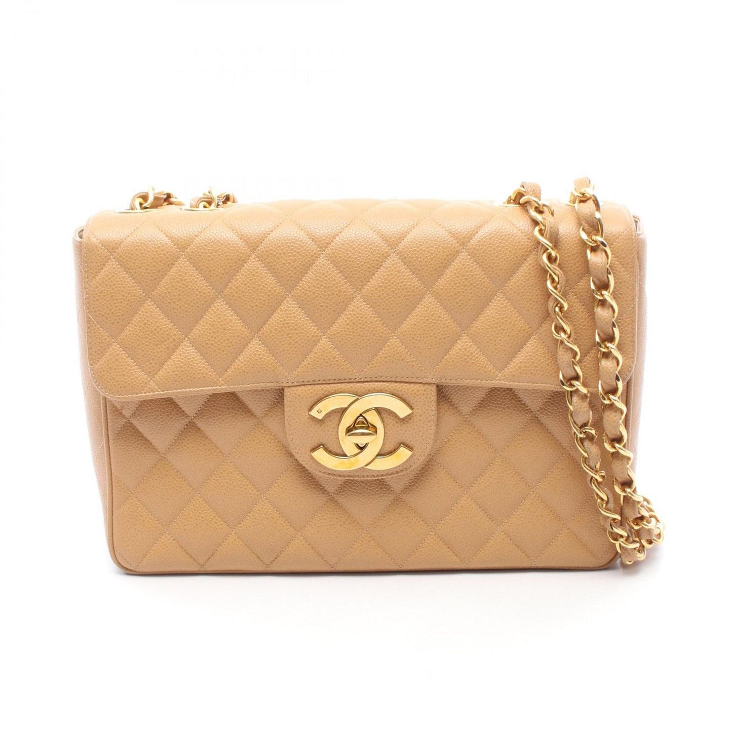 Chanel Shoulder Bag Deca Quilted 30 Single Flap Beige Caviar Leather Chain