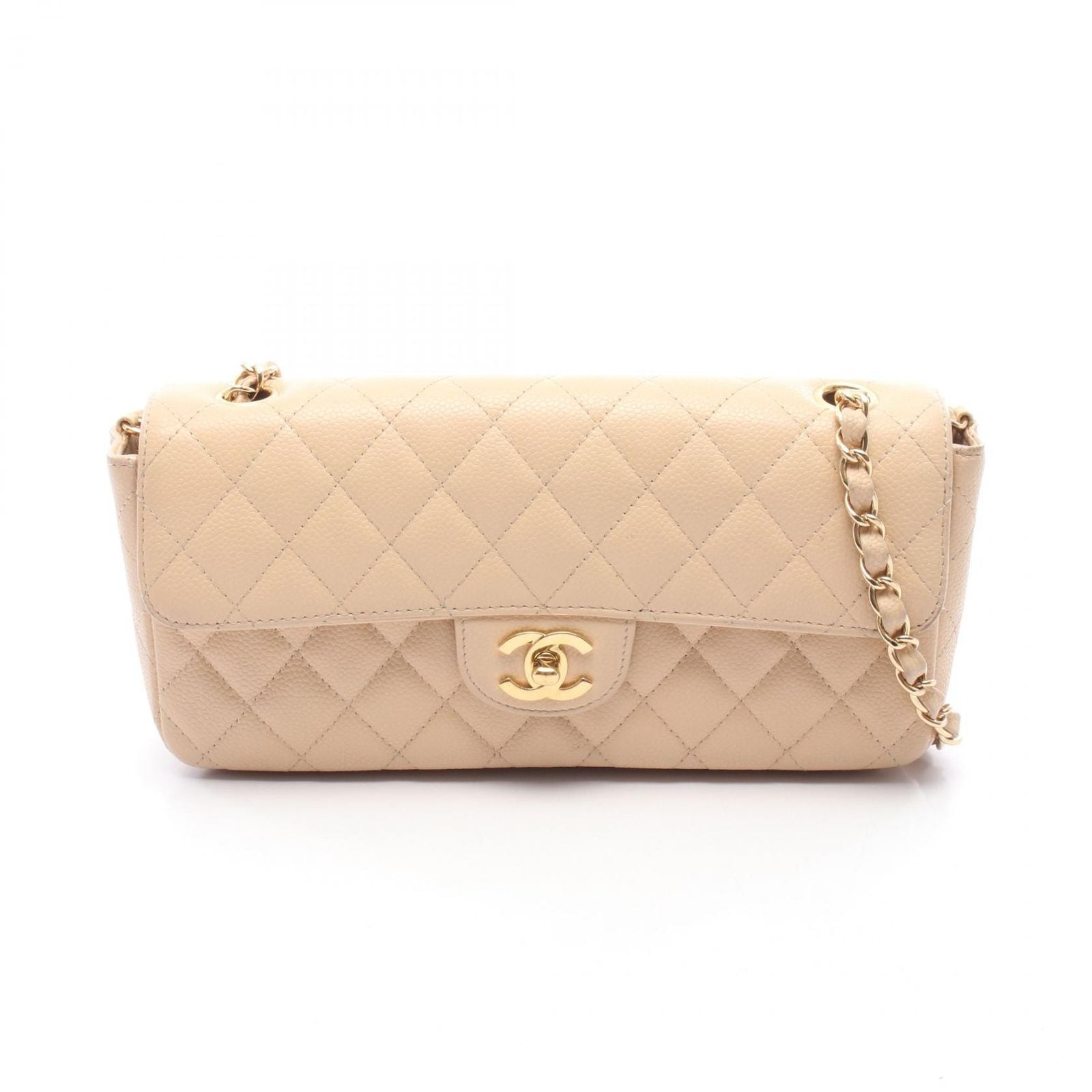 Chanel Shoulder Bag Quilted East Waist Beige Caviar Leather Chain