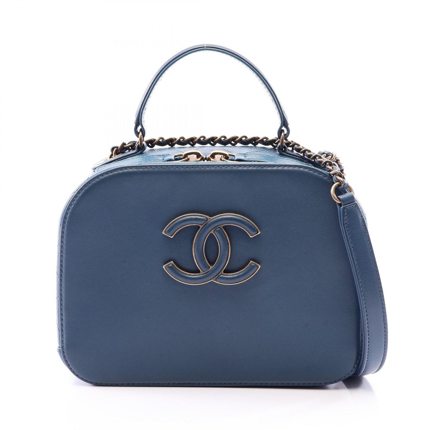 Chanel Shoulder Bag CC Logo 2-Way Blue Leather Quilted Top Handle Chain