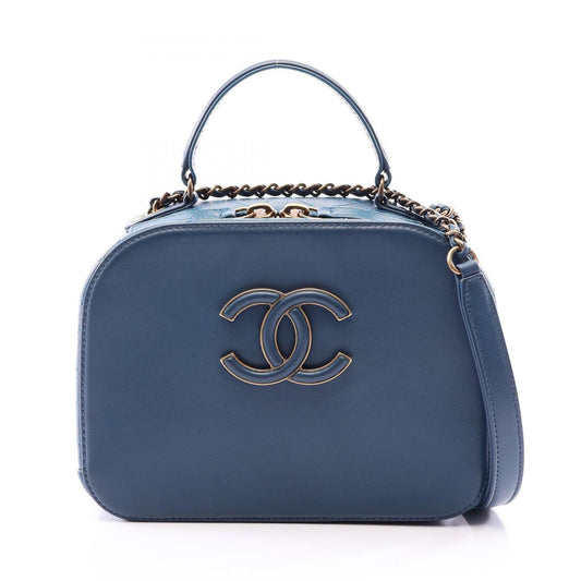 Chanel Shoulder Bag CC Logo 2-Way Blue Leather Quilted Top Handle Chain
