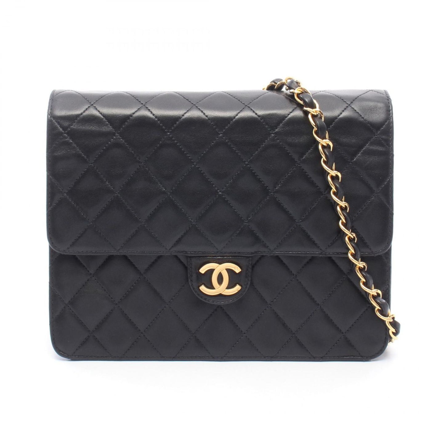 Chanel Shoulder Bag Quilted Single Flap Push Lock Black Lambskin Chain